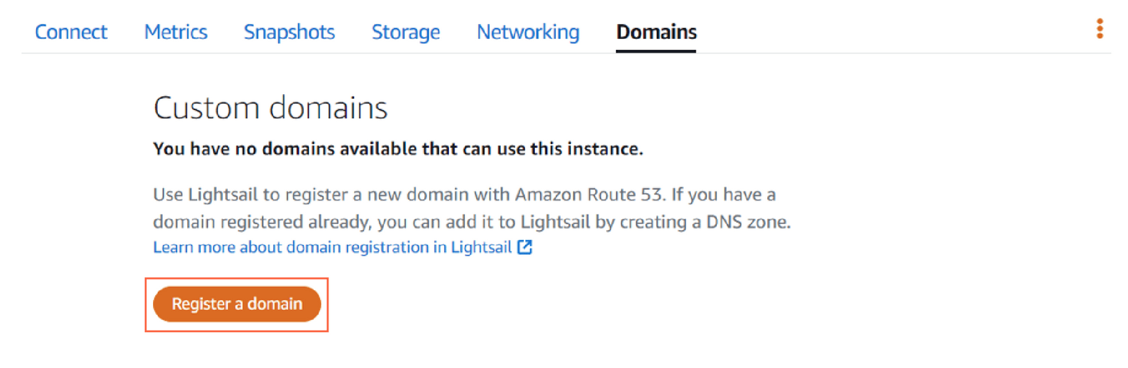 Enter your domain and follow the steps to link your domain's DNS records to your Lightsail instance. It allows using your domain name to access your Magento website.